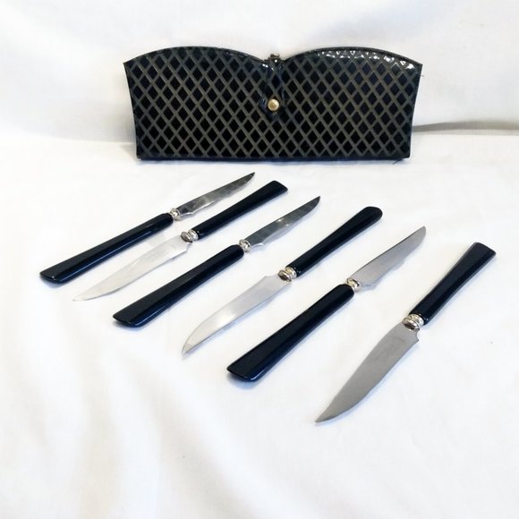 Vintage Glo-Hill Black Bakelite Handles-Steakmates De-luxe- Steak Knives & Case - Picture 2 of 14